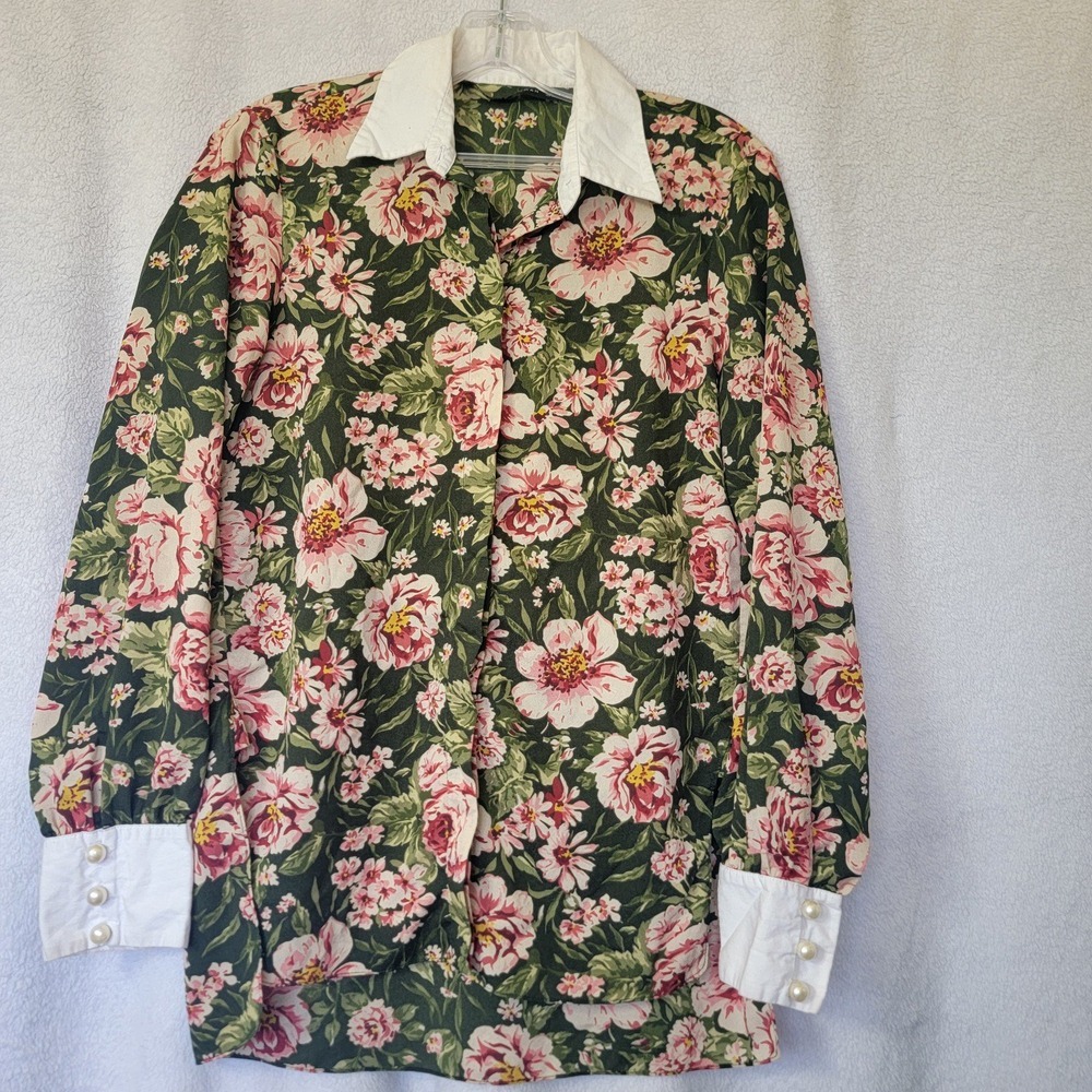 Zara‎ Woman Green Pink Floral Long Sleeve Pearl Accent Size S Lightweight